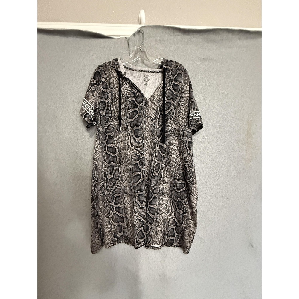 Michael Kors Dress Womens 2X Gray Snake Print Hooded V Neck T Shirt Logo Casual